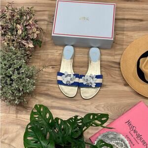 NWT Frances Valentine Blue Slide Canvas Stripe Sandals W/ 3D Flowers Size 10